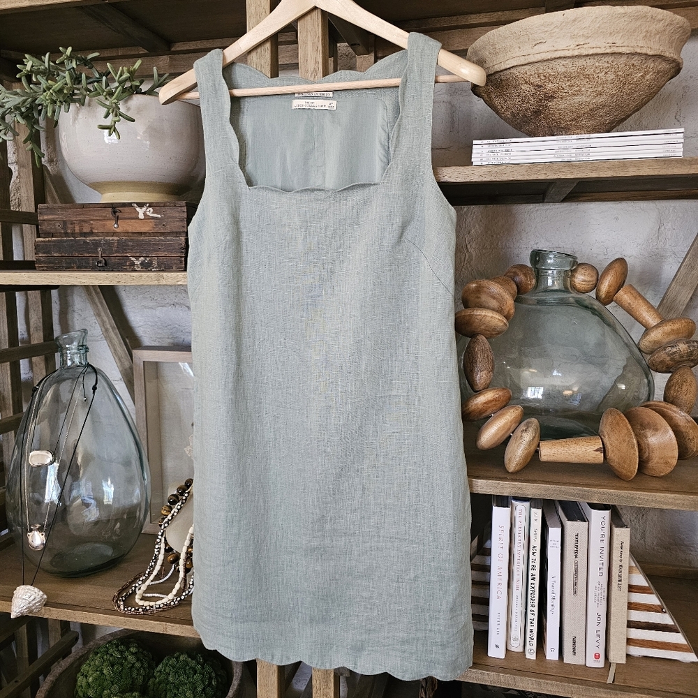 Abercrombie & Fitch Premium Sage Linen Scalloped Trim Mini Dress NWOT Sz S Tall